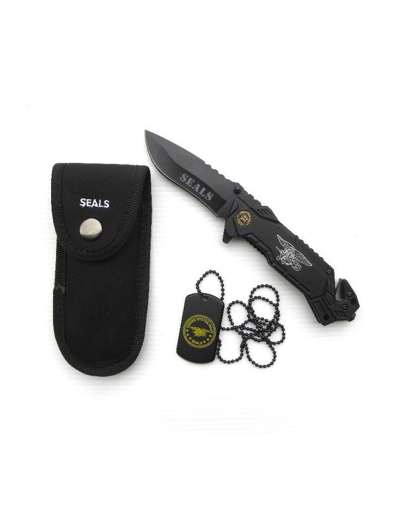 COLTELLO RICHIUDIBILE ''SEALS'' ALBAINOX CON CATENA+TARGHETTA E CUSTODIA [19437GR221]