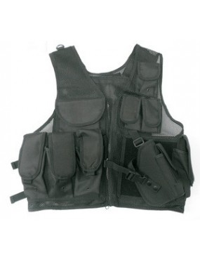 BLACK TACTICAL VEST WITH 10 POCKETS AND HOLSTER [06557B]