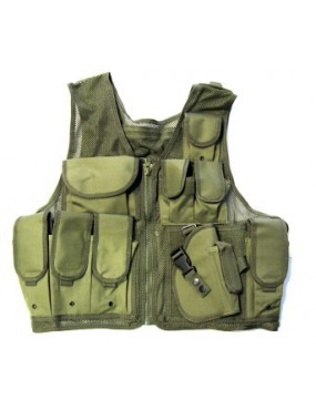 GREEN TACTICAL VEST WITH 10 POCKETS AND HOLSTER [06557V]