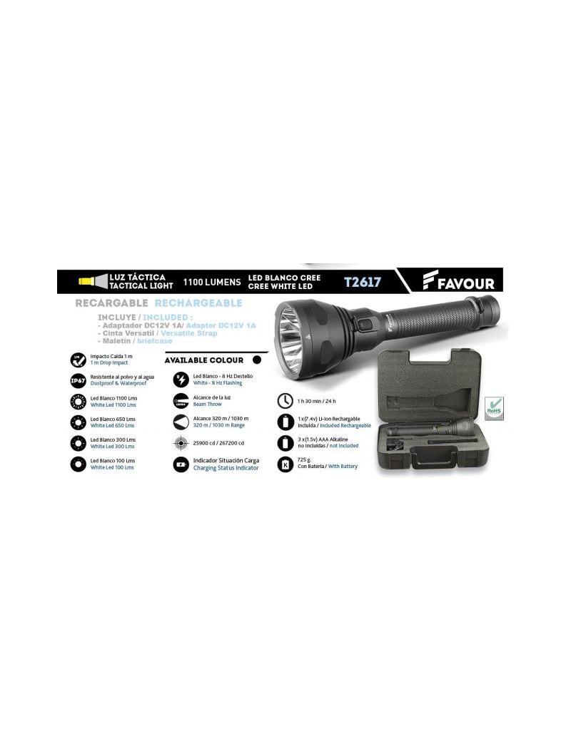 LINTERNA LED T2617 PROTECH 1100 LUMENS, 1030 METROS, RECARGABLE FAVOR [T2617]