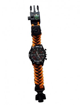 RELOJ TACTICO PARACORD NEGRO / NARANJA CON SET DE SUPERVIVENCIA [33879-NA]